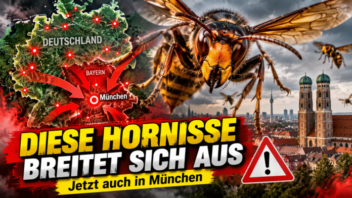 Asiatische Hornisse (Vespa velutina) in Nahaufnahme